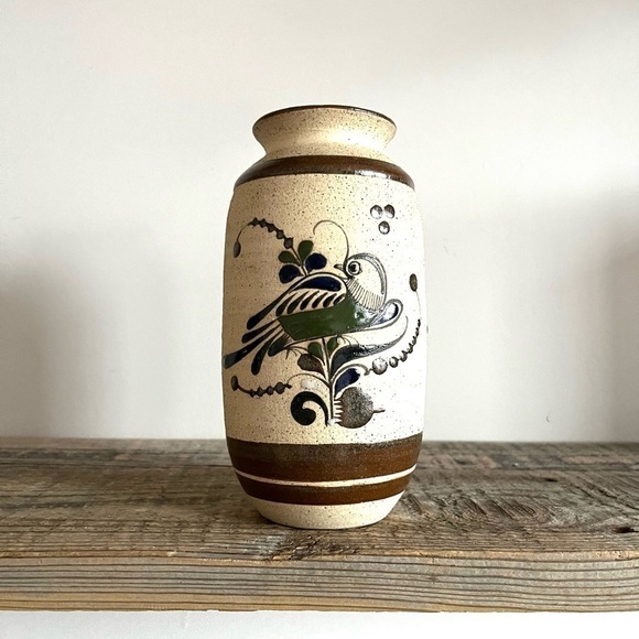 Tonala Hand-painted Mexican Folk Art Pottery bird Vase Sandstone Pottery - Picture 1 of 4